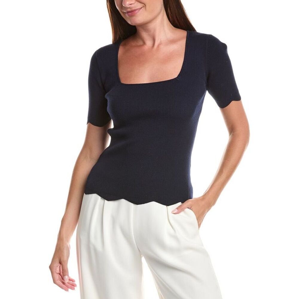 T Tahari Womens Scallop Edge Pullover Sweater, Navy